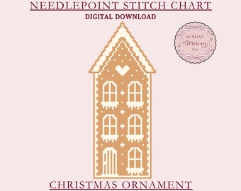 Gingerbread House Needlepoint Chart: Christmas Ornament Pattern, Digital PDF Download, counted cross stitch pattern