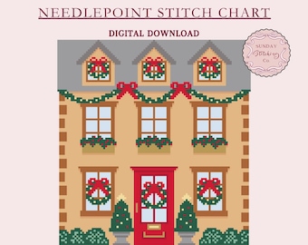 Christmas Village Georgian House Needlepoint Chart - Xmas home PDF digital download, counted Cross Stitch pattern, DIY charted Xmas cottage