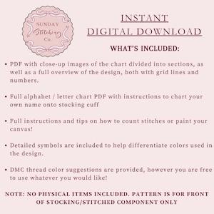 May include: A digital download graphic with the text "INSTANT DIGITAL DOWNLOAD" and "WHAT'S INCLUDED:" in a burgundy color. The image includes a circular logo with the text "SUNDAY Stitching Co." in a script font. The text describes the contents of the download.