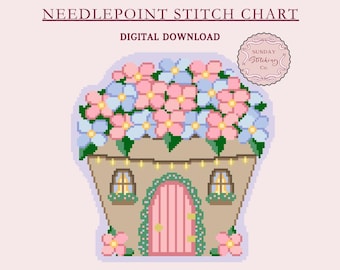 Flower Pot House Needlepoint Chart - Fairy Village digital PDF download, cross stitch pattern