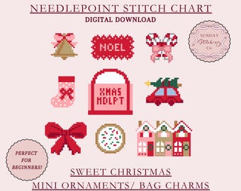 Christmas Needlepoint Chart Bundle - Sweet Mini Ornaments / Bag Charms - PDF digital download, easy & small beginner cross stitch pattern