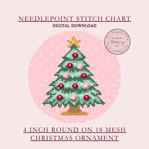 May include: Digital needlepoint stitch chart for a Christmas ornament. The design features a pixelated Christmas tree with red and pink ornaments, a gold star, and a brown trunk. The text reads "4 inch round on 18 mesh Christmas ornament."