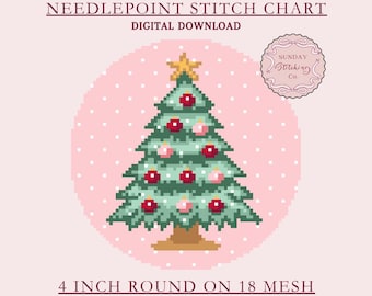 Needlepoint Round Ornament Chart - Christmas Tree, 4inch round on 18 mesh, digital PDF download, Cross Stitch pattern