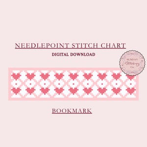 May include: A digital download needlepoint stitch chart for a bookmark featuring a pink and white heart pattern. The chart is titled "Bookmark" and includes the text "Sunday Stitching Co."