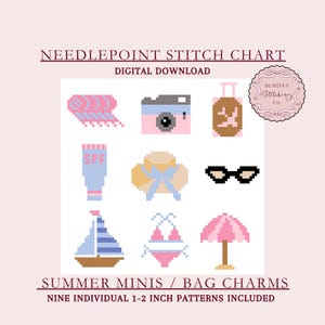 Bag Charm Needlepoint Chart Bundle - Summer Vacation - instant PDF digital download, easy small beginner cross stitch pattern