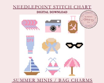Bag Charm Needlepoint Chart Bundle - Summer Vacation - instant PDF digital download, easy small beginner cross stitch pattern