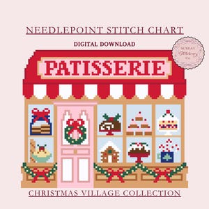 Christmas Village Needlepoint Chart "Patisserie", Bakery shop digital PDF download, holiday Cross Stitch Chart, DIY painted holiday canvas