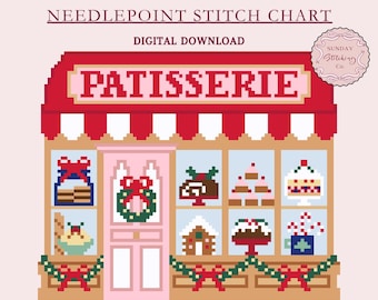 Christmas Village Needlepoint Chart "Patisserie", Bakery shop digital PDF download, holiday Cross Stitch Chart, DIY painted holiday canvas