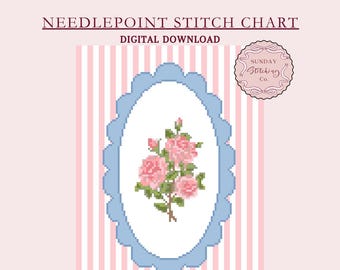 Needlepoint Chart - Scallop Framed Roses - instant digital PDF download, counted cross stitch pattern