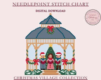 Christmas Village Gazebo Needlepoint Chart - PDF digital download, counted Cross Stitch pattern, DIY charted canvas for Xmas ornament
