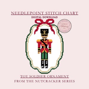 May include: A digital needlepoint stitch chart featuring a pixelated toy soldier ornament from the Nutcracker series. The ornament is framed in a green and white border with a red bow at the top. The text "NEEDLEPOINT STITCH CHART" and "DIGITAL DOWNLOAD" are displayed.