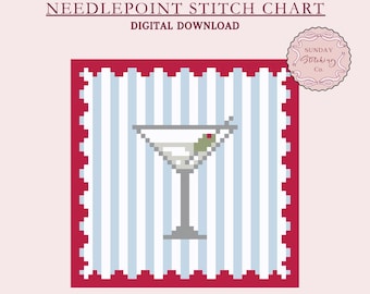 May include: Needlepoint stitch chart for a martini glass with an olive, on a blue and white striped background with a red border. The chart is a digital download.