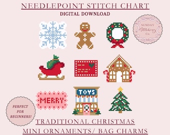 Christmas Needlepoint Chart Bundle - Mini Ornaments / Bag Charms - Xmas PDF digital download, easy & small beginner DIY cross stitch pattern