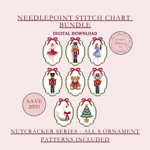 Può includere: Un pacchetto di download digitale di modelli di punto croce. L'immagine presenta otto modelli di ornamenti della serie Schiaccianoci, tra cui una ballerina, uno schiaccianoci e un orsacchiotto. I modelli sono visualizzati su uno sfondo rosa.