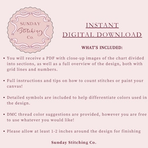 May include: A digital download advertisement with a pink and cream color scheme. The text reads "Instant Digital Download" and lists what's included, such as a PDF with close-up images and full instructions. The logo for Sunday Stitching Co. is also present.