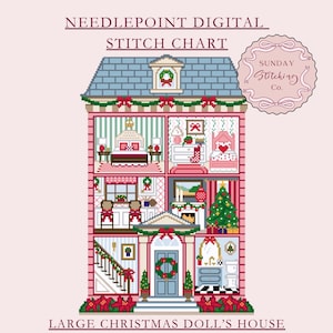 May include: A digital needlepoint stitch chart of a large Christmas doll's house. The pink house has a blue roof, Christmas decorations, and detailed interior rooms. The text "Needlepoint Digital Stitch Chart" and "Large Christmas Doll's House" are visible.