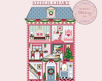 Christmas Dollhouse Needlepoint Chart, Digital PDF download, counted cross stitch pattern