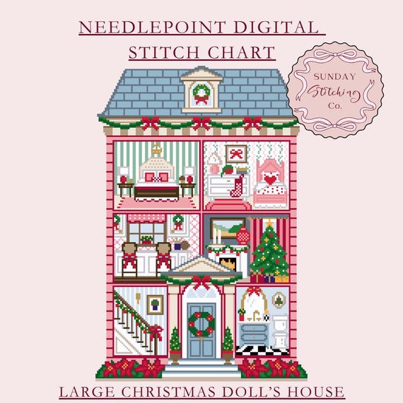 Christmas Dollhouse Needlepoint Chart, Digital PDF download, counted cross stitch pattern