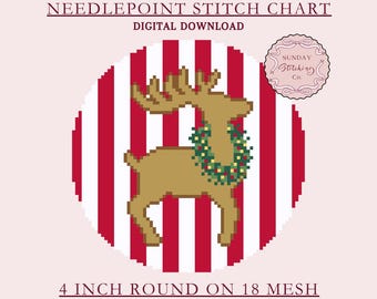 Needlepoint Round Christmas Ornament Chart - Gold Reindeer,  18 mesh digital PDF download, Cross Stitch pattern