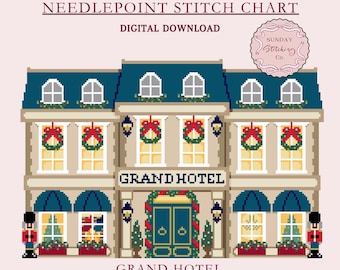 Patrón de punto de cruz para aldea navideña - "Gran Hotel" - Descarga digital instantánea en PDF, patrón de punto de cruz, lienzo con gráfico para bordar en lienzo.
