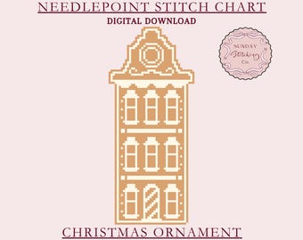 Gingerbread House Needlepoint Chart: Christmas Ornament Pattern, Digital PDF Download, counted cross stitch pattern