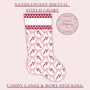 May include: A digital needlepoint stitch chart for a Christmas stocking. The stocking is white with a pattern of pink bows and red and white candy canes. The top of the stocking has a red and white checkered pattern. Text on the image reads "CANDY CANES & BOWS STOCKING".