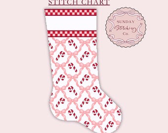 Needlepoint Christmas Stocking Chart - Candy Cane Bow Trellis - Cross Stitch DIGITAL PDF pattern, Alphabet Chart for Name Personalisation