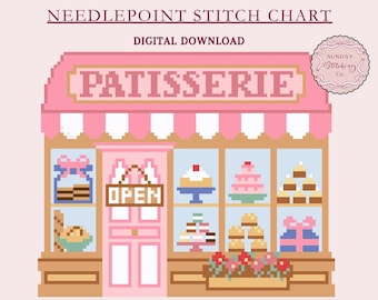 パティスリーニードルポイントチャート - Village Bakeryショップ、デジタルPDFの即時ダウンロード、クロスステッチパターン