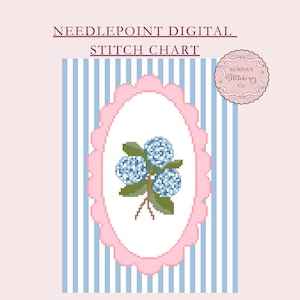 Borduurpatroon hortensia's, ingelijste coquille bloemen, geteld kruissteekpatroon, digitale pdf-download, canvas in kaart gebracht doe-het-zelf, zelf schilderen