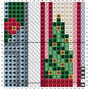 May include: A cross-stitch pattern featuring a Christmas tree design. The pattern uses various colors, including green, red, white, and yellow, to create a festive holiday image. The design is presented on a grid, typical of cross-stitch charts.