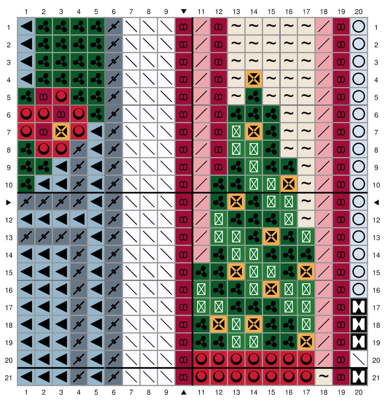 May include: A cross-stitch pattern featuring a Christmas tree design. The pattern uses various colors, including green, red, white, and yellow, to create a festive holiday image. The design is presented on a grid, typical of cross-stitch charts.