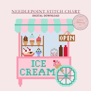 Ice Cream Cart Needlepoint Chart - village digital PDF download, counted Cross Stitch pattern, DIY charted canvas, paint your own ornament