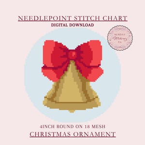 Christmas Needlepoint Chart Bell and Bow Ornament - 18 mesh 4 inch round, Digital PDF download, counted Cross Stitch pattern
