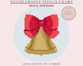 Christmas Needlepoint Chart Bell and Bow Ornament - 18 mesh 4 inch round, Digital PDF download, counted Cross Stitch pattern