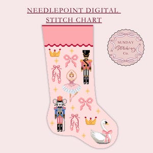 くるみ割り人形のバレエ クリスマスストッキングチャート - ニードルポイント＆クロスステッチ デジタルPDFパターン、名前のパーソナライズ用アルファベットチャート付き