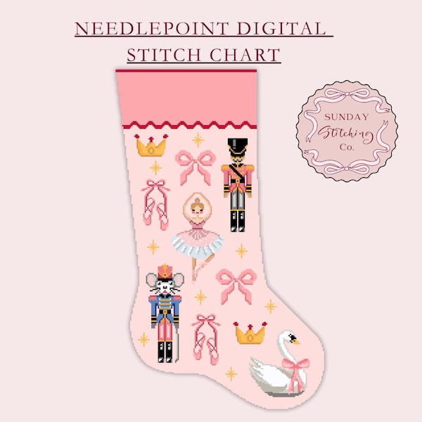 Nutcracker Ballet Christmas Stocking Chart - Needlepoint & Cross Stitch DIGITAL PDF pattern, with Alphabet Chart for Name Personalisation