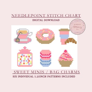 May include: A digital download needlepoint stitch chart with six sweet mini patterns. The image features pixelated illustrations of a teacup, donut, coffee cup, croissant, candy jar, macarons, and cupcake. The patterns are 1.25 inches.
