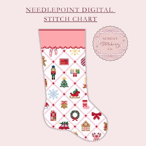 Könnte beinhalten: Ein digitales Kreuzstichmuster für einen Weihnachtsstrumpf. Der Strumpf ist weiß mit einem roten Rautenmuster und zeigt verschiedene weihnachtliche Symbole, darunter einen Lebkuchenmann, einen Weihnachtsbaum und einen Nussknacker. Die Oberseite des Strumpfes ist rosa, mit dem Text "Needlepoint Digital Stitch Chart".