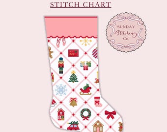 Girls Christmas Motifs Needlepoint Stocking Chart - Cross Stitch instant DIGITAL PDF pattern, Alphabet Letter Chart for Name Personalisation