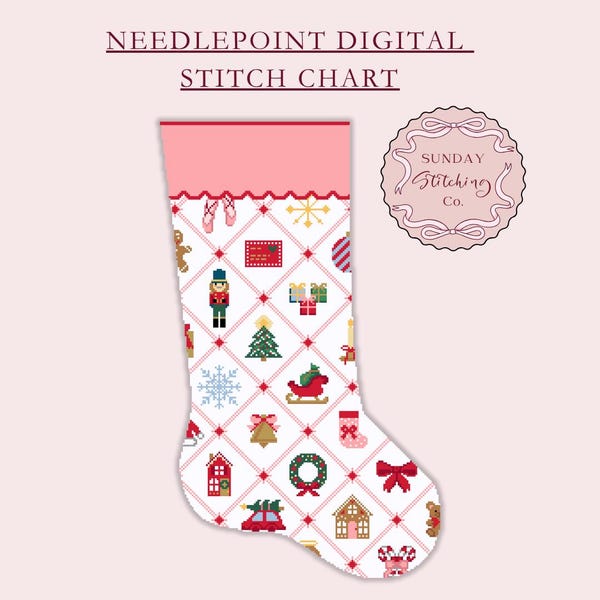 Girls Christmas Motifs Needlepoint Stocking Chart - Cross Stitch instant DIGITAL PDF pattern, Alphabet Letter Chart for Name Personalisation