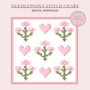 Naaldpuntonderzetter grafiek blokdruk bloemen harten - geteld kruissteekpatroon, digitale pdf-download, DIY beschilderd canvas, ontwerp in kaart gebracht