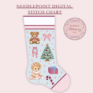 Borduurpatroon roze gingham kerstsok voor meisjes - digitale pdf-kruissteekpatroon, met alfabetgrafiek voor naampersonalisatie