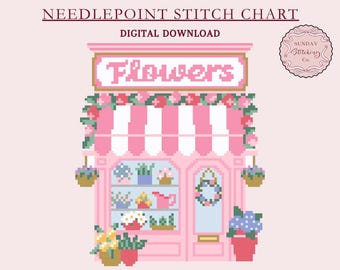 Tableau de broderie pour fleuriste - Téléchargement PDF numérique du magasin de fleurs, village compté motif point de croix, toile cartographiée DIY, peignez votre propre