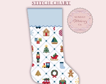 Boys Christmas Motifs Needlepoint Stocking Chart - Cross Stitch instant DIGITAL PDF pattern, Alphabet Letter Chart for Name Personalisation