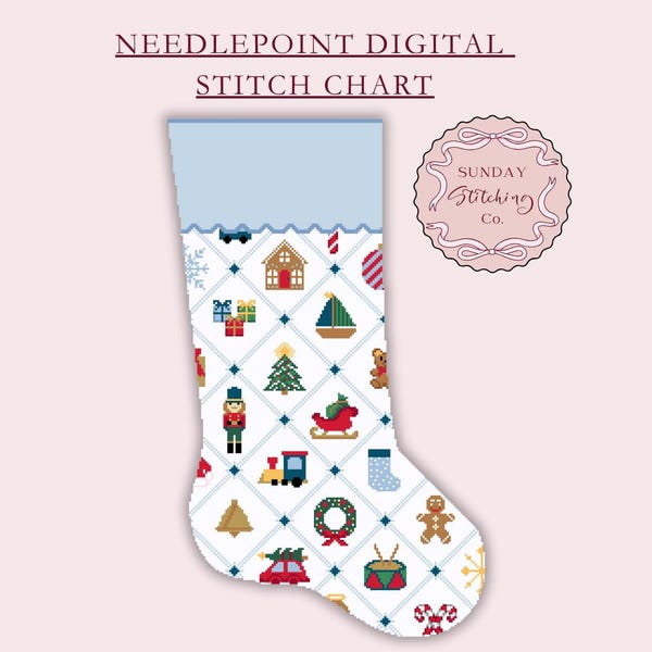 Boys Christmas Motifs Needlepoint Stocking Chart - Cross Stitch instant DIGITAL PDF pattern, Alphabet Letter Chart for Name Personalisation