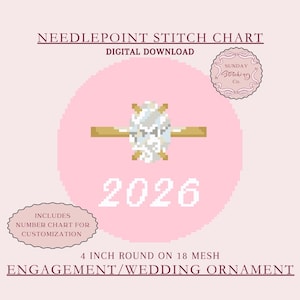 Tableau de fiançailles, broderie de 18 mailles, bague en diamant ronde, ornement de cadeau de mariage, téléchargement PDF numérique avec tableau des nombres