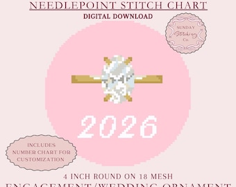 Engagement Needlepoint Chart - 18 mesh Diamond Ring round wedding gift ornament, digital PDF download with number chart