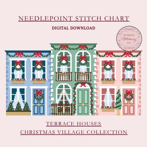 Weihnachtsdorf Nadelpunkt Stickmuster - Reihenhäuser - Sofortiger digitaler PDF-Download, Kreuzstichmuster, DIY-Leinwand