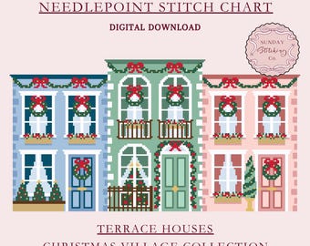 Christmas Village Needlepoint Chart - Terrace Houses - Instant digital PDF download, Cross Stitch pattern, DIY charted canvas