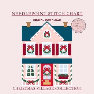 Pink Christmas Cottage Village Needlepoint Chart - Xmas home PDF digital download, counted Cross Stitch pattern, DIY painted charted canvas